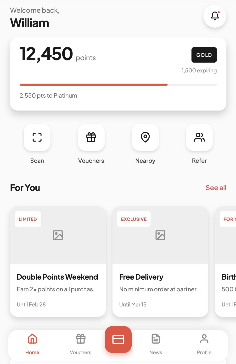 Mobile loyalty app showing points balance, tier progress, and promotions